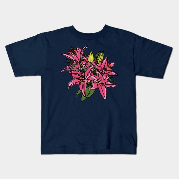 Pink Lily Flowers Digital Painting Kids T-Shirt by ellenhenryart